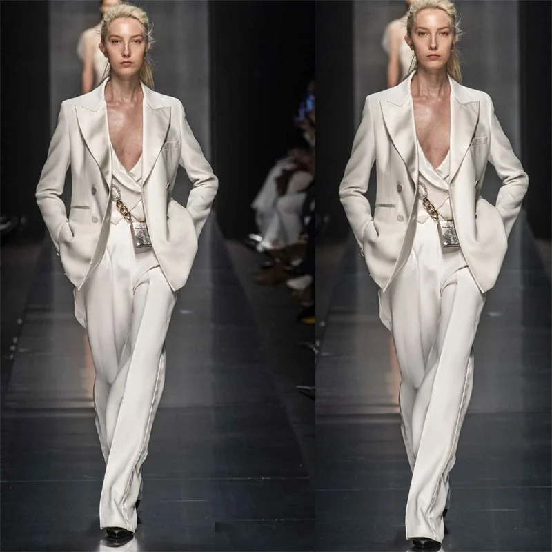 

Catwalk Women Suits Set White Satin Prom Dress 3 Pieces Peaked Lapel Blazer+Vest+Pants Celebrity Show Party Gown Custom Made
