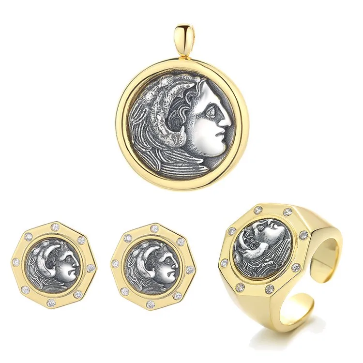 DLSS-3ZFSILVER 925 Silver Fashion Hercules Retro Gold Ancient Coin Set Earrings Ring Pendant Without Chain Women Wedding Jewelry
DLSS-3ZFSILVER 925 Silver Fashion Hercules Retro Gold Ancient Coin Set Earrings Ring Pendant Without Chain Women Wedding Jewelry