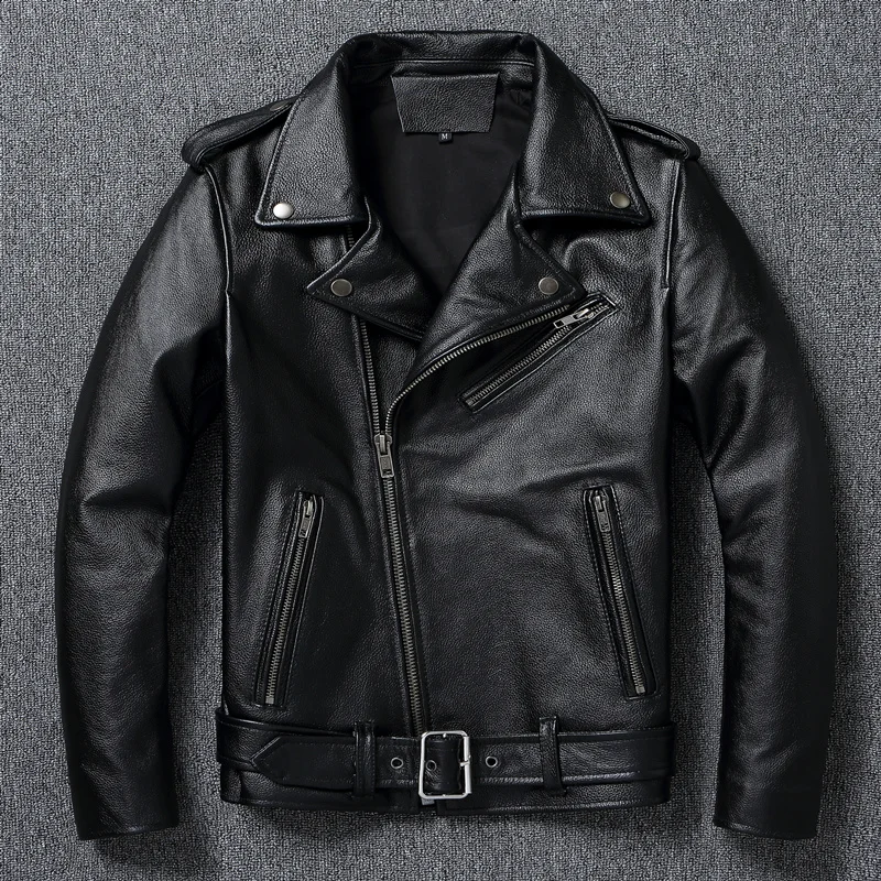 

Мужская мотоциклетная куртка из воловьей кожи, Короткая кожаная куртка из натуральной телячьей кожи, верхний слой, весна-зима