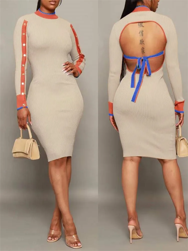 Женское платье в рубчик, Осеннее повседневное контрастное платье средней длины с открытой спиной в стиле бохо, 2022 
Женское платье в рубчик, Осеннее повседневное контрастное платье средней длины с открытой спиной в стиле бохо, 2022