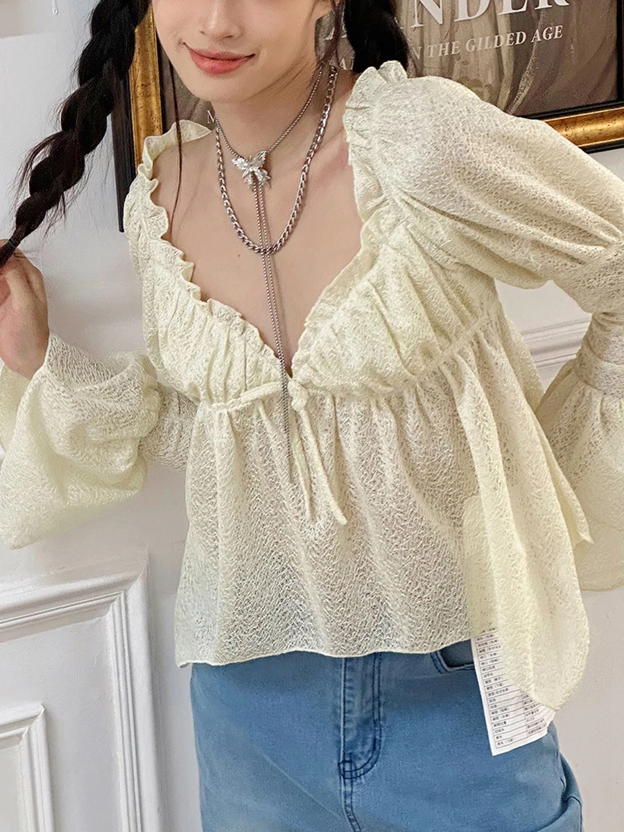 Women Puff Long Sleeve Blouses Lace Frills Sweetheart Neckline Tie-Up Backless Shirts Spring Fall Casual Crop Tops Streetwear 
Women Puff Long Sleeve Blouses Lace Frills Sweetheart Neckline Tie-Up Backless Shirts Spring Fall Casual Crop Tops Streetwear