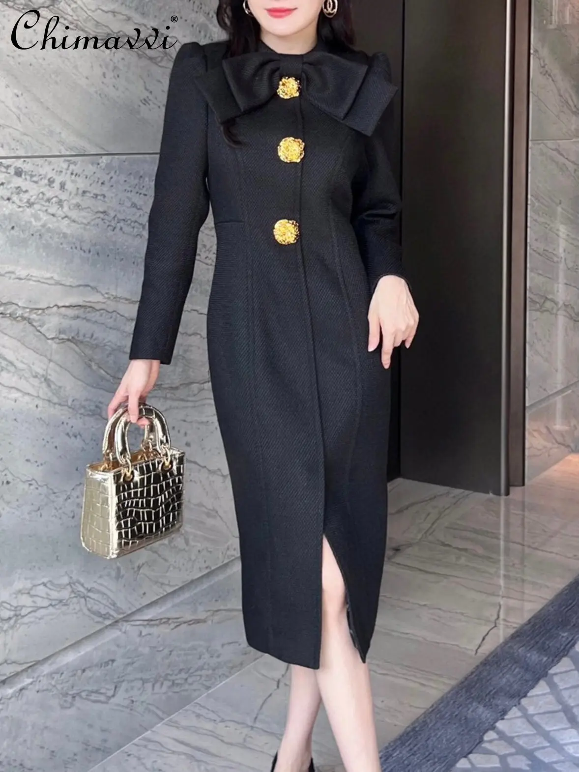 European Autumn Winter Socialite Elegant Woolen Dress Long Sleeve Slim-Fit Sheath Big Bow Metal Flower-Shaped Buckle Long Dress
European Autumn Winter Socialite Elegant Woolen Dress Long Sleeve Slim-Fit Sheath Big Bow Metal Flower-Shaped Buckle Long Dress