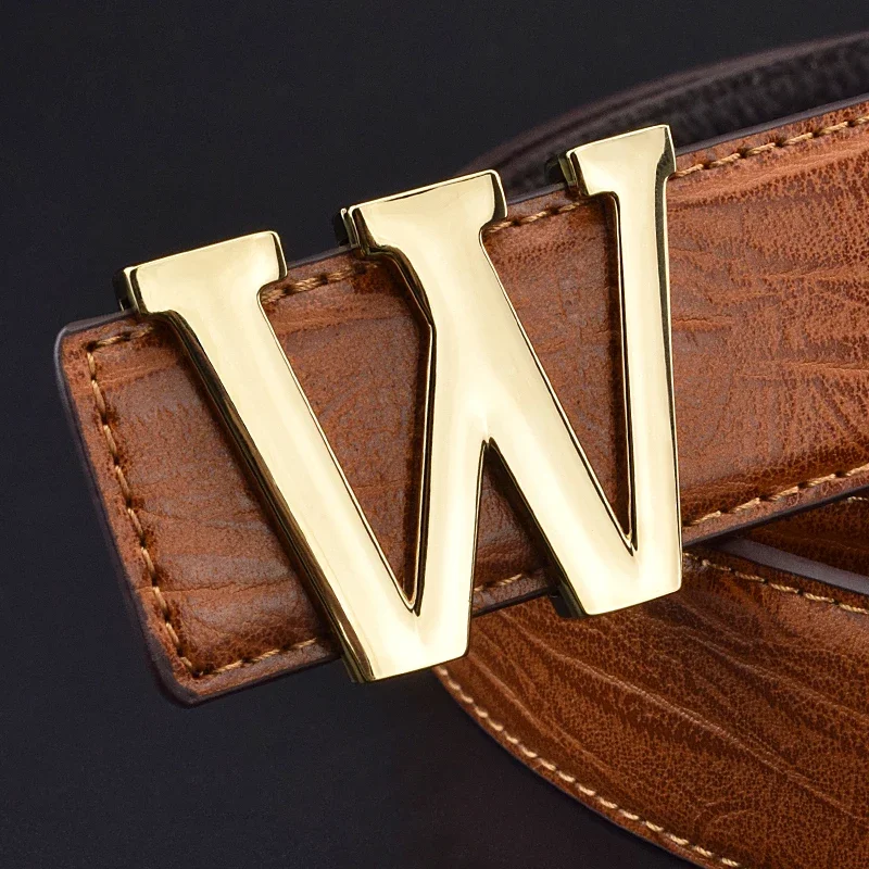 

W Letter Gold Men's Belts Luxury Genuine Leather Brand Smooth Buckle Black Famous Designer Cowskin Strap Wide Belt Luxe Marque