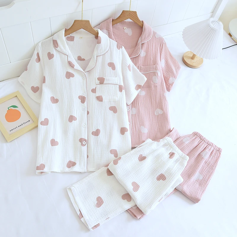 3 Colors New Spring Summer Pajamas For Women 100% Cotton Crepe Love Print Homewear Set Simple Fresh Two Piece Female Home Suits
3 Colors New Spring Summer Pajamas For Women 100% Cotton Crepe Love Print Homewear Set Simple Fresh Two Piece Female Home Suits