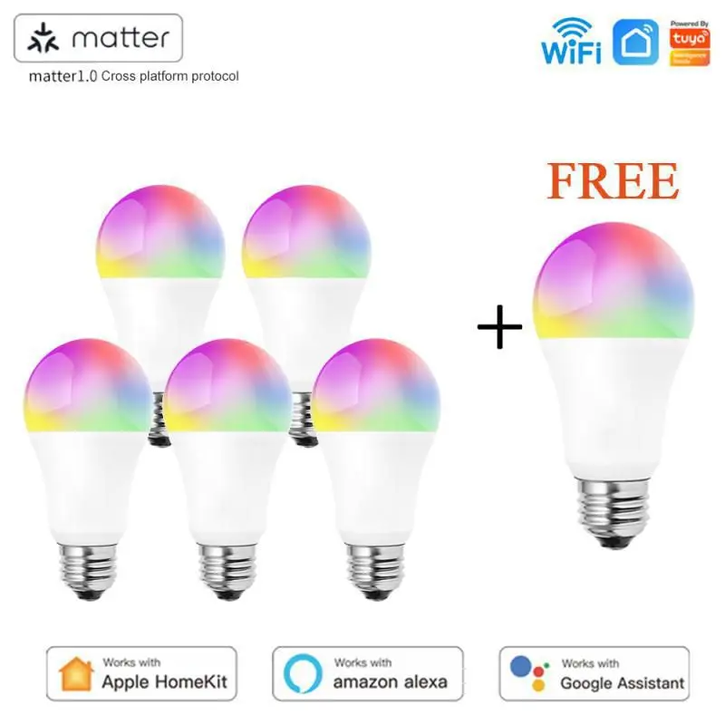 Matter WiFi Smart LED Light Bulb E27 9W TUYA/Smart Life RGBCW Dimmable Smart Lamp Support Alexa Google Home Homekit Control
Matter WiFi Smart LED Light Bulb E27 9W TUYA/Smart Life RGBCW Dimmable Smart Lamp Support Alexa Google Home Homekit Control