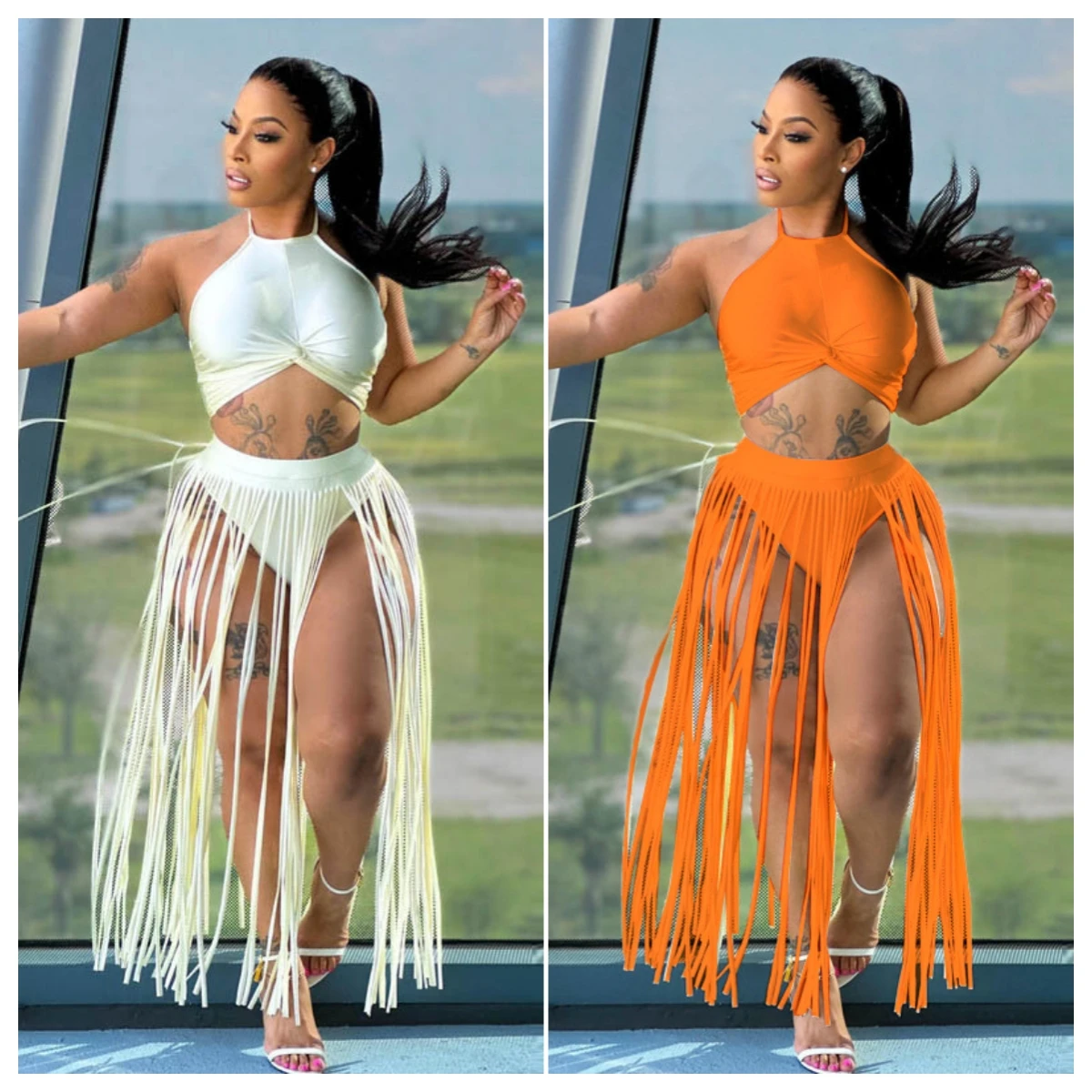 Summer Holiday Solid Two Piece Set Women Sexy Lace Up Halter Backless Vests Crop Top Long Tassel Skirts with Panties Suits
Summer Holiday Solid Two Piece Set Women Sexy Lace Up Halter Backless Vests Crop Top Long Tassel Skirts with Panties Suits
