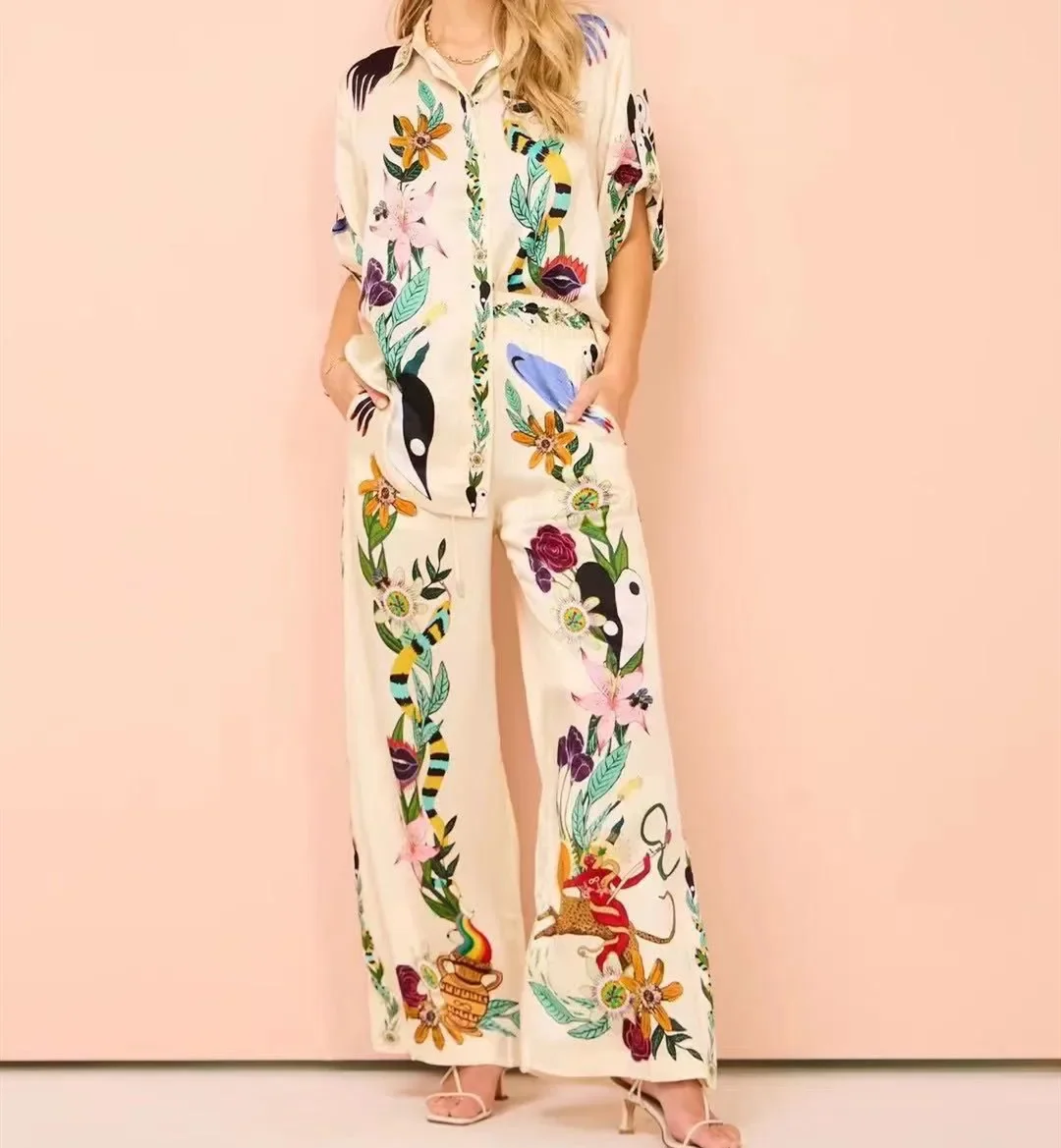 100% Silk Women Satin Flower Print set Half Sleeve Single Breasted Shirt Blouse Or Wide Leg Long Pants
100% Silk Women Satin Flower Print set Half Sleeve Single Breasted Shirt Blouse Or Wide Leg Long Pants