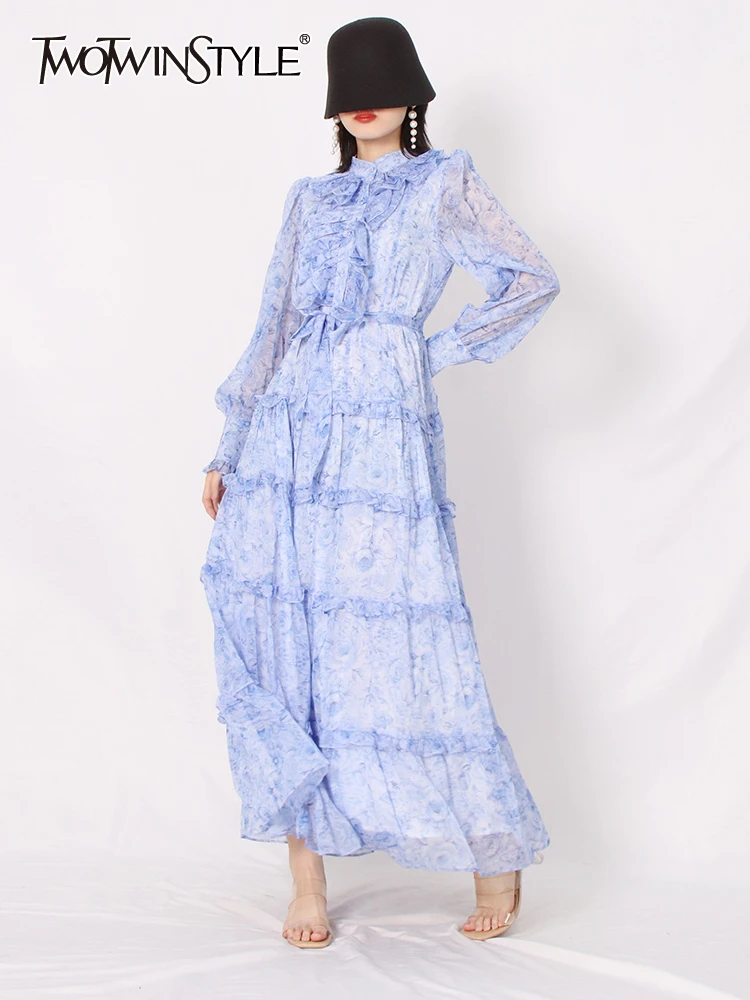 TWOTWINSTYLE Elegant Solid Midi Dress For Women Stand Collar Loose Long Sleeve High Waist Patchwork Ruffles Dresses Female Style
TWOTWINSTYLE Elegant Solid Midi Dress For Women Stand Collar Loose Long Sleeve High Waist Patchwork Ruffles Dresses Female Style