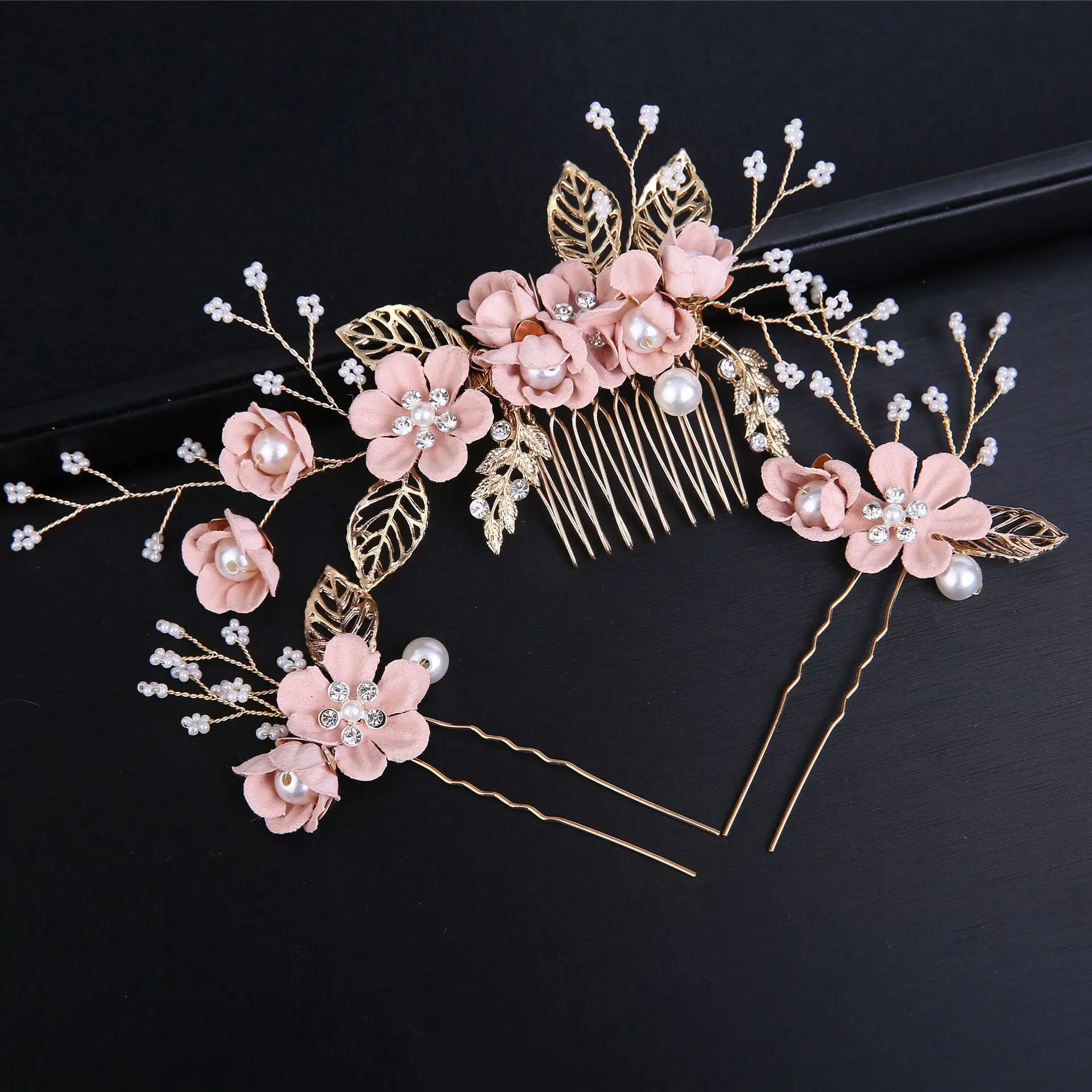 

3pcs Flower Bride Hair Comb Alloy Hair Jewelry For Women Headpieces Pearl Side Combs With 2 Hairpins For Wedding Accessories