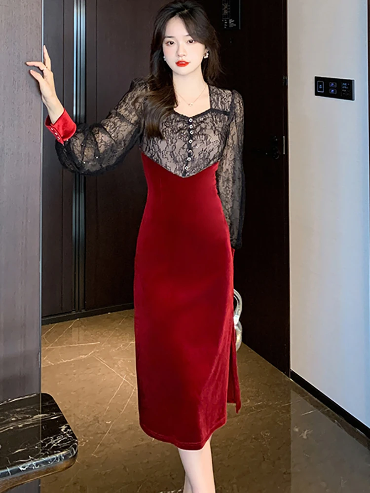 

Осенне-зимнее красное бархатное кружевное соблазнительное Клубное платье миди в стиле пэчворк 2023 женское корейское винтажное элегантное облегающее роскошное вечернее платье