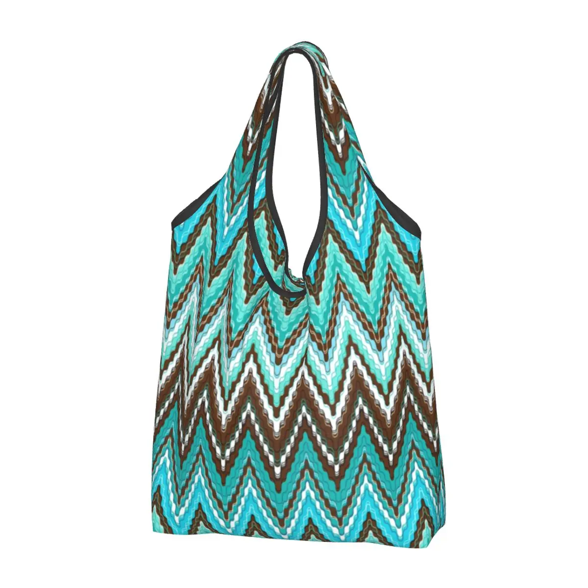 

Modern Geometric Blue-ish Zig Zag Shopping Bags Women Portable Big Capacity Groceries Abstract Zigzag Boho Shopper Tote Bags