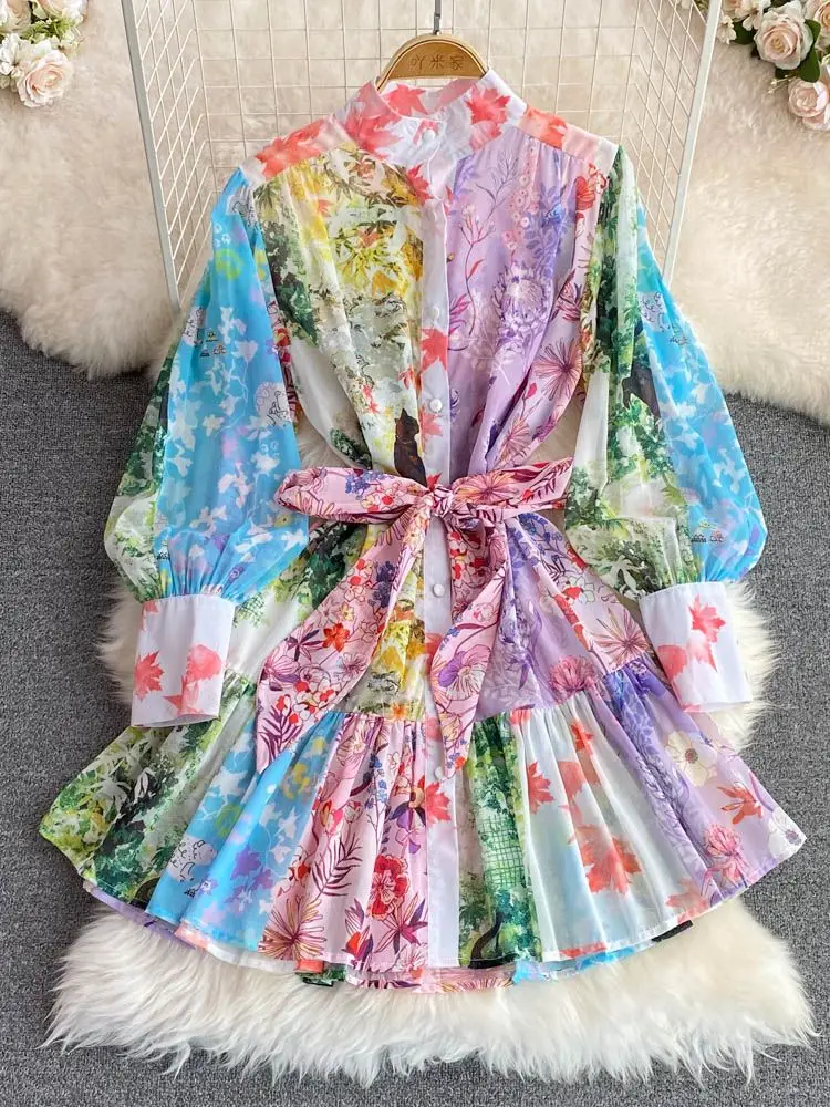 Summer Runway Designer Beach Mini Dress Women's Stand Collar Lantern Sleeve Floral Print High Waist Lace up Belt Dress N1935
Summer Runway Designer Beach Mini Dress Women's Stand Collar Lantern Sleeve Floral Print High Waist Lace up Belt Dress N1935