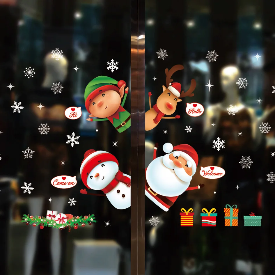 

Christmas Window Glass Stickers Xmas Static Stickers Cartoon Noel Tree Santa Claus Snowman Wall Stickers Nata Wreath Door Decor