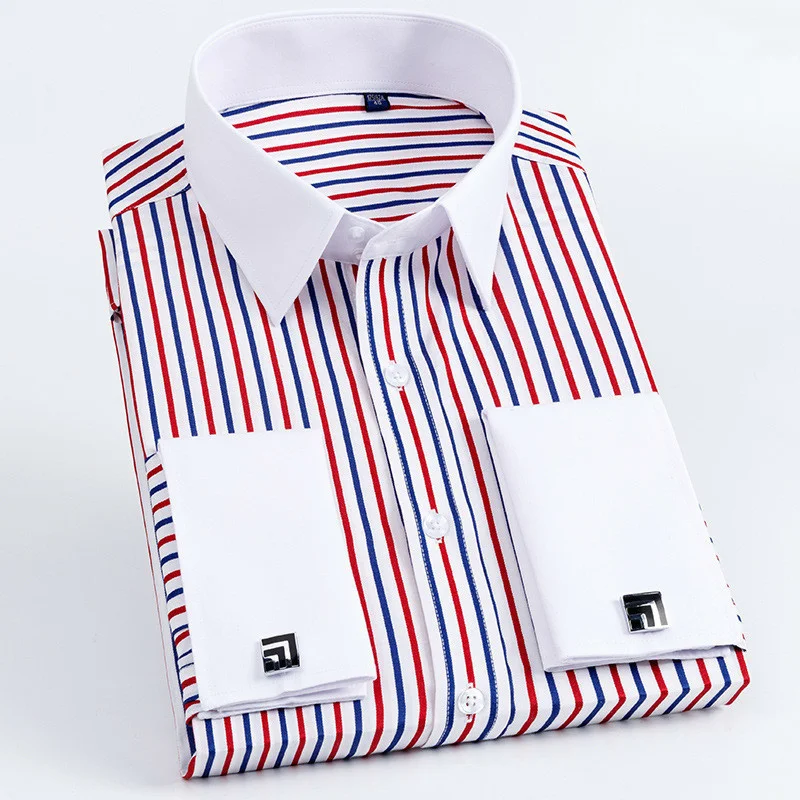 

Рубашка мужская приталенная с длинными рукавами, деловая классическая сорочка с французскими запонками, в полоску, Повседневная качествен...