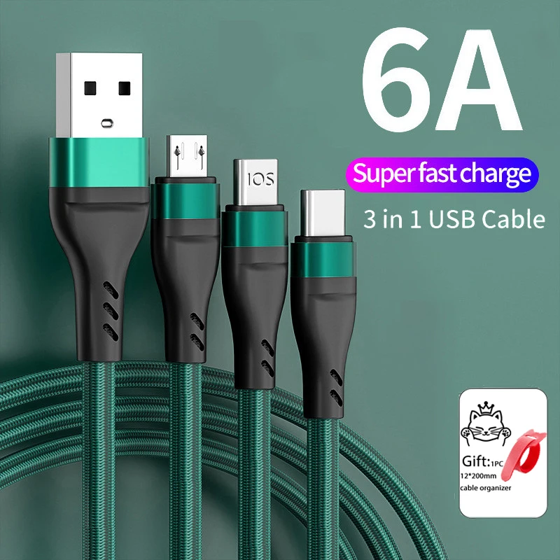 6A 3 In 1 Charging Cable Type-C Micro USB Fast Charger Micro USB Type-C Cable Data Cables for IPhone Sansung Xiaomi Huawei
6A 3 In 1 Charging Cable Type-C Micro USB Fast Charger Micro USB Type-C Cable Data Cables for IPhone Sansung Xiaomi Huawei