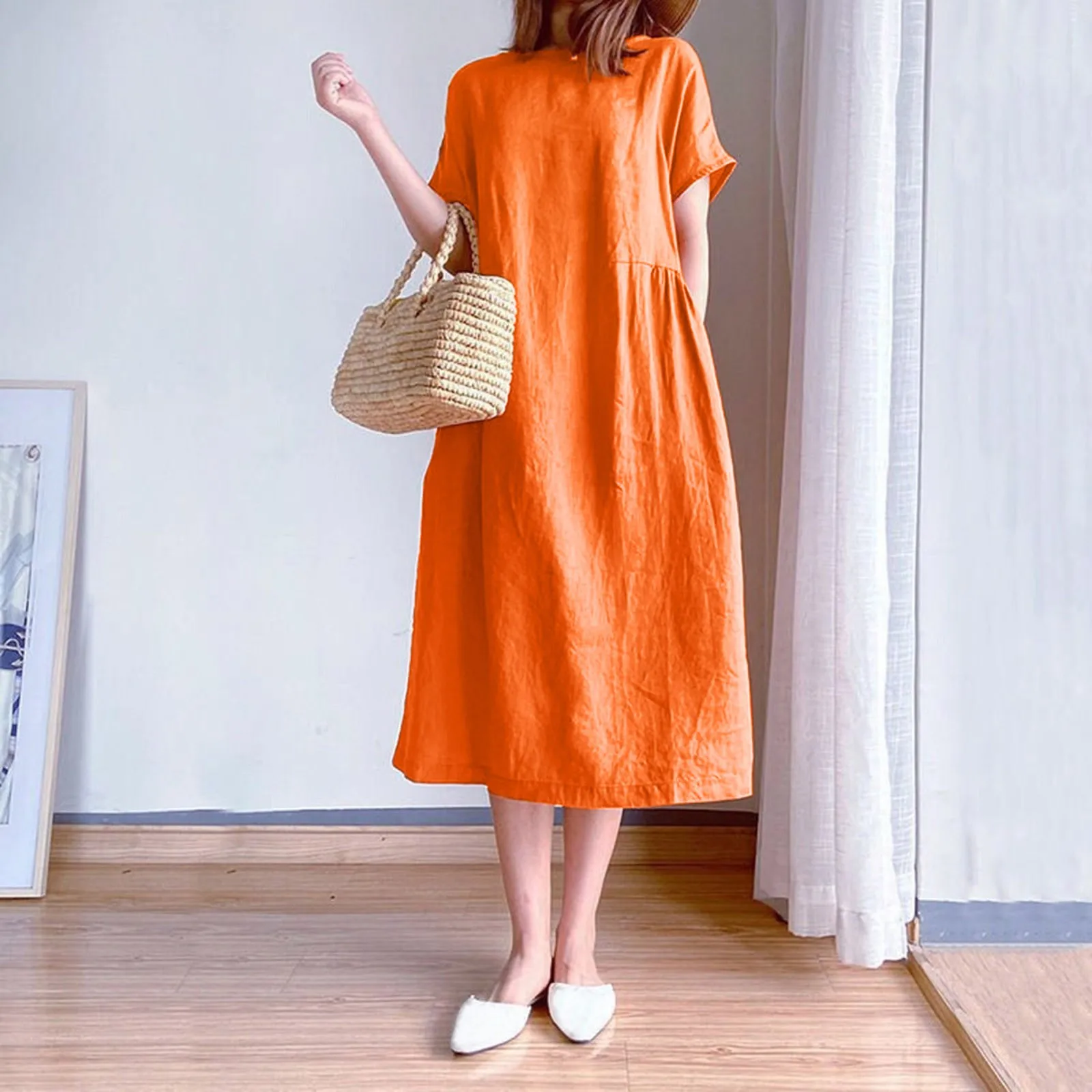 Summer Solid Color Midi Dress Women Casual O-Neck Short Sleeve Loose Dress Round Neck Dress High Waist Casual Beach Dress
Summer Solid Color Midi Dress Women Casual O-Neck Short Sleeve Loose Dress Round Neck Dress High Waist Casual Beach Dress