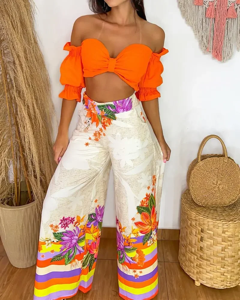 2022 Summer New Women's 2-piece Set Sexy Off Shoulder and Navel Top and Striped Floral Pants Set Women's Wide Leg Pants
2022 Summer New Women's 2-piece Set Sexy Off Shoulder and Navel Top and Striped Floral Pants Set Women's Wide Leg Pants