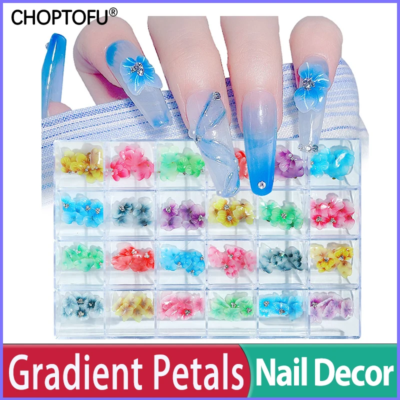 

24/48/144PC/Box 3D Diamond Embellished Nail Gradient Petals False Nails Rhinestone Butterfly Embossed Flower Nail Art Decoration
