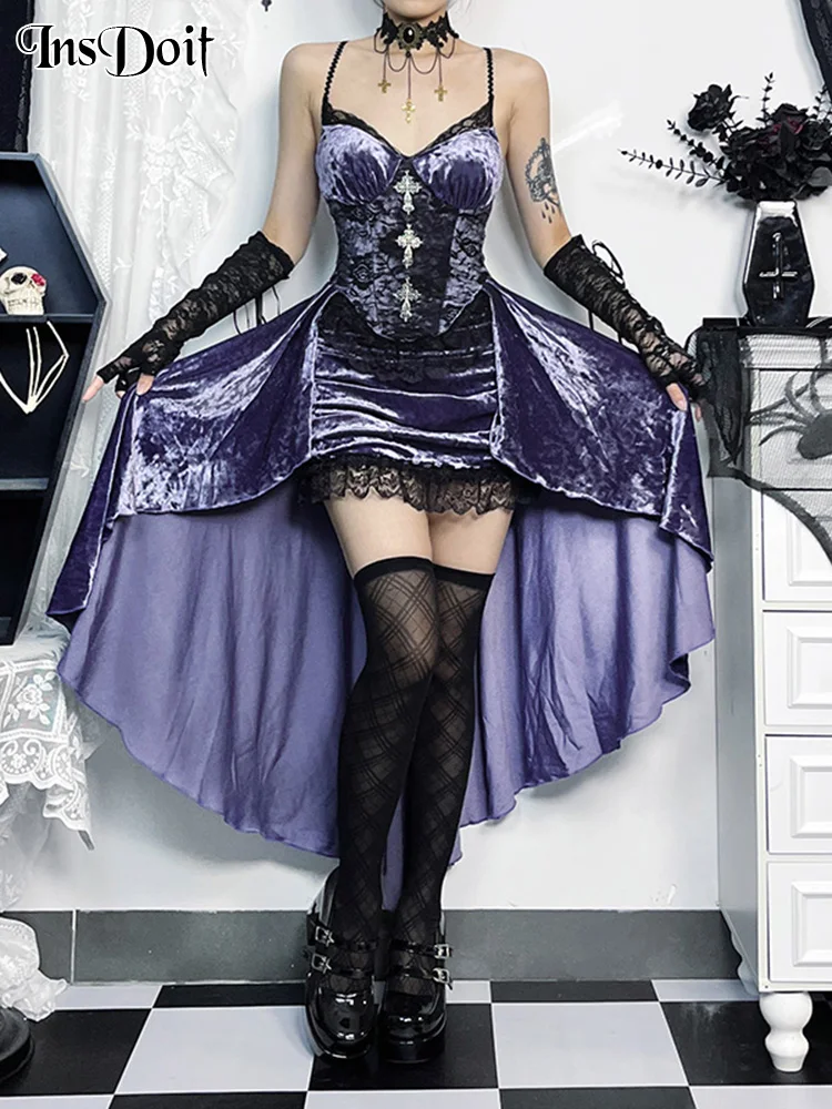 

InsDoit Goth Velvet Purple Slip Train Dress Women Vintage Jacquard Lace Sleeveless High Low Spaghetti Strap Tunic Dress
