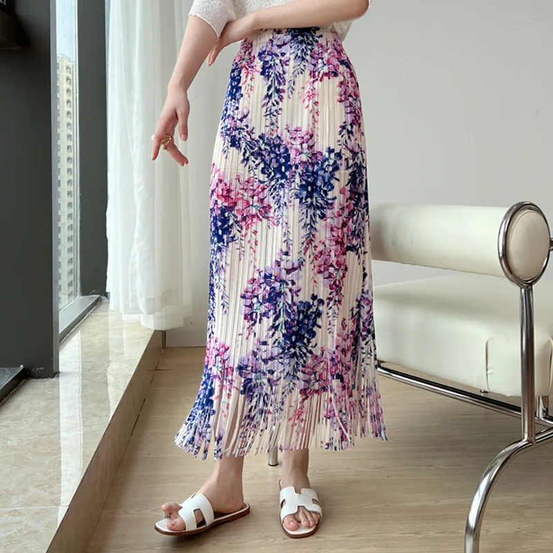 

YUDX Miyake Pleated Half-body Skirt Summer 2023 New Print Fringe Skirt Floral Fashion Design A Word High Waist Long Skirt