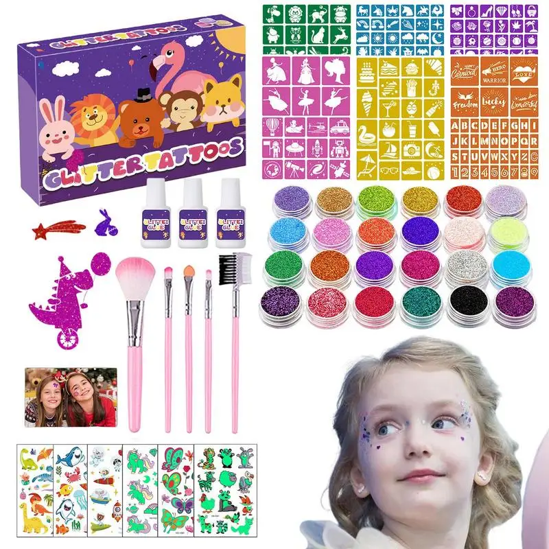 24 Colors Temporary Glitter Tattoo Set Kids Face Body Glowing Stickers With 6 Stencils 3 Glue 5 Brushes For Birthday Party
24 Colors Temporary Glitter Tattoo Set Kids Face Body Glowing Stickers With 6 Stencils 3 Glue 5 Brushes For Birthday Party