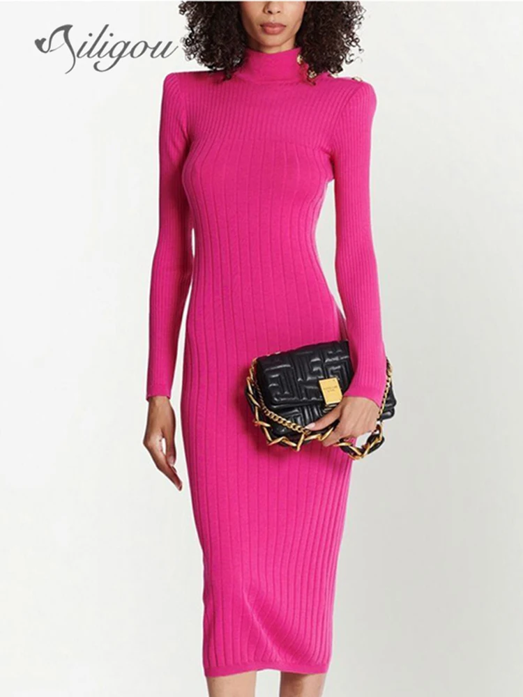 Ailigou 2023 New Sexy Long Sleeve Fashion Lion Button Tight Midi Knitted Dress Women's Elegant Evening Club Party Dress
Ailigou 2023 New Sexy Long Sleeve Fashion Lion Button Tight Midi Knitted Dress Women's Elegant Evening Club Party Dress