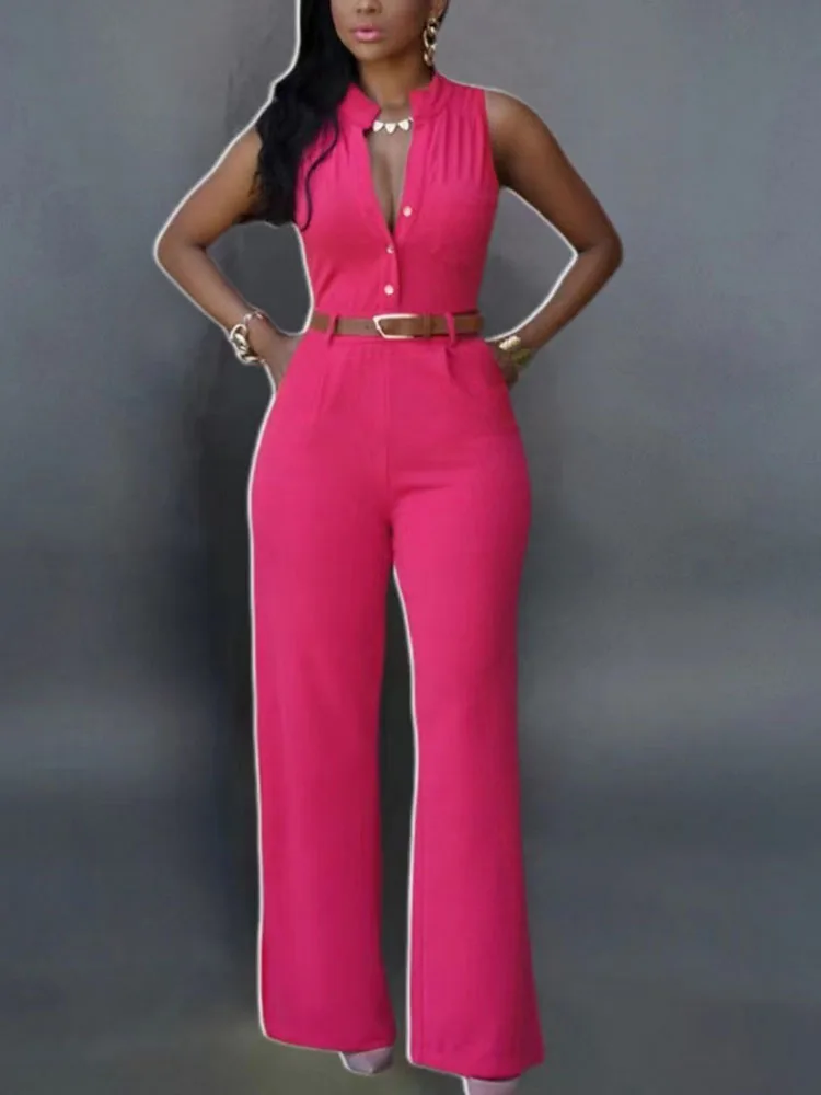 Fashion Solid Color Sleeveless Jumpsuit Women Summer Casual Button V-Neck Office Workwear Ladies Simple Belt Pants Slim Bodysuit
Fashion Solid Color Sleeveless Jumpsuit Women Summer Casual Button V-Neck Office Workwear Ladies Simple Belt Pants Slim Bodysuit
