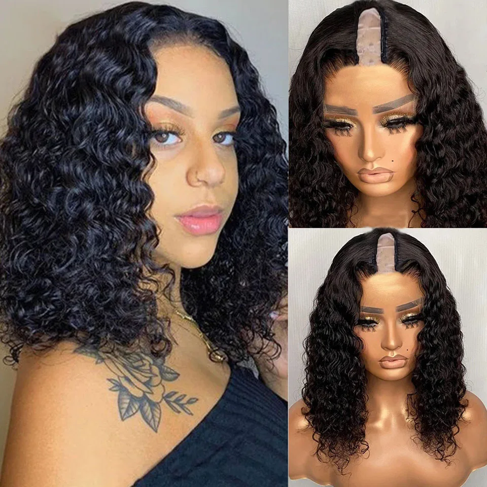 

Deep Wave Curly Short Bob Wig V Part Wigs100% Human Hair Peruvian Afro Kinky Curl Middle/Side U Shape None Lace Full Machine Wig