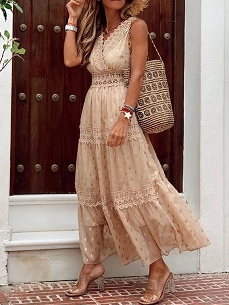 Women Fashion Chic Solid Color Sleeveless Ruffle Dress Sexy Summer Beach Party Dress Lady Elegant Sling V-Neck Lace Long Dresses
Women Fashion Chic Solid Color Sleeveless Ruffle Dress Sexy Summer Beach Party Dress Lady Elegant Sling V-Neck Lace Long Dresses