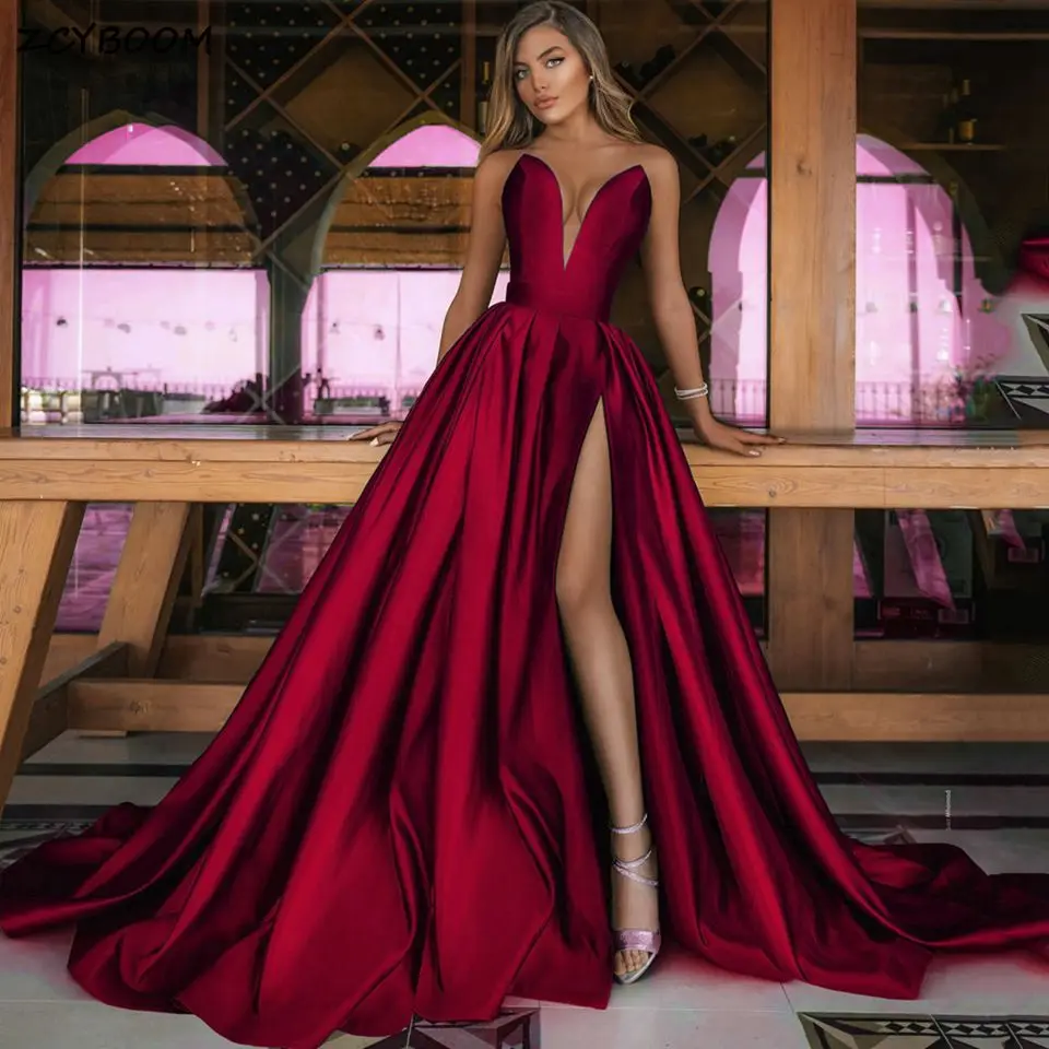 Sexy Deep V-Neck Sleeveless Burgundy Party Prom Gowns 2023 Satin A-Line High Side Slit Evening Dresses For Women Robes De Soirée 
Sexy Deep V-Neck Sleeveless Burgundy Party Prom Gowns 2023 Satin A-Line High Side Slit Evening Dresses For Women Robes De Soirée