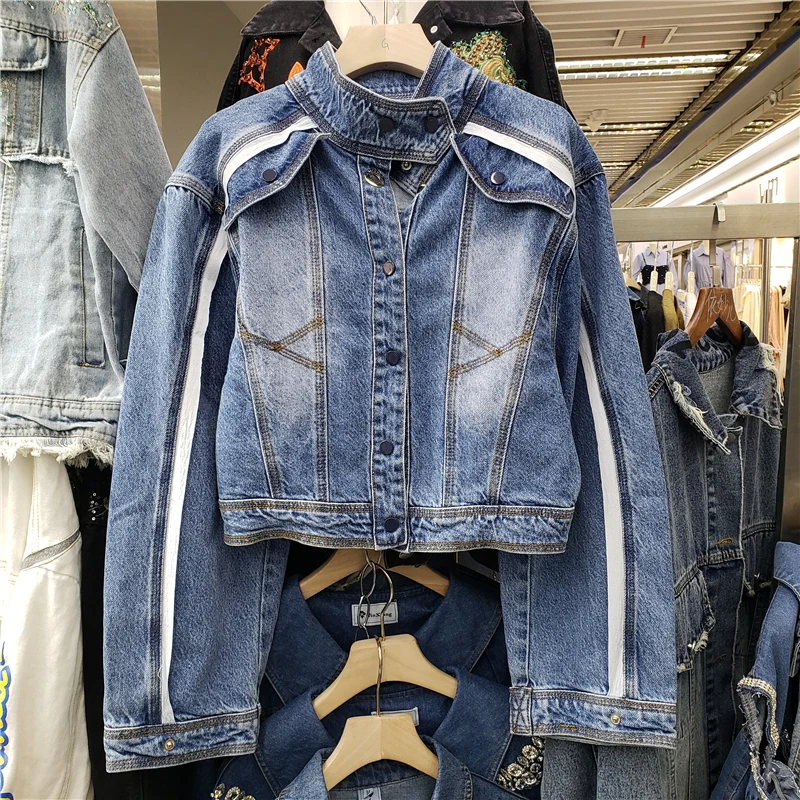 Vintage Wash Blue Stand Collar Denim Jacket Women Slim Short Cowboy Outerwear Spring Korean Long Sleeve Jeans Jacket Coat Female
Vintage Wash Blue Stand Collar Denim Jacket Women Slim Short Cowboy Outerwear Spring Korean Long Sleeve Jeans Jacket Coat Female