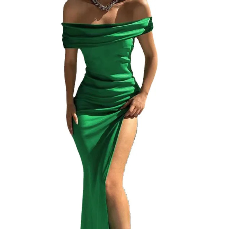 Женское однотонное платье средней длины, с коротким рукавом и открытыми плечами 
Женское однотонное платье средней длины, с коротким рукавом и открытыми плечами