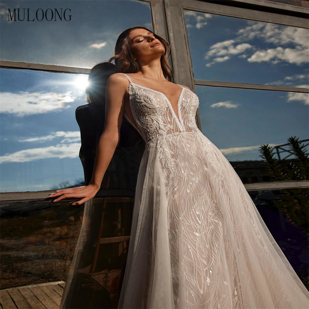 

Женское свадебное платье до пола MULOONG, элегантное кружевное платье цвета слоновой кости с V-образным вырезом, открытой спиной и трапециевидным силуэтом со шлейфом, без рукавов