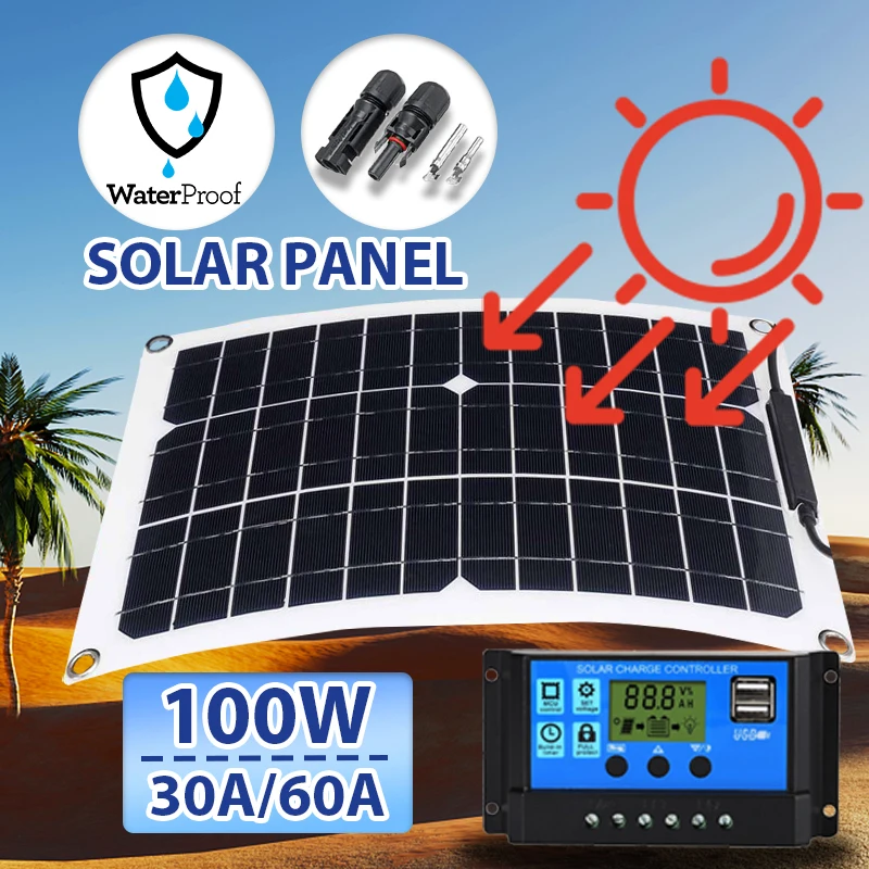 100W Outdoor Flexible Solar Panel Kit Controller 30A/60A 18V with Dual USB Portable Safe for Phone Caravan Boat Battery Charger
100W Outdoor Flexible Solar Panel Kit Controller 30A/60A 18V with Dual USB Portable Safe for Phone Caravan Boat Battery Charger