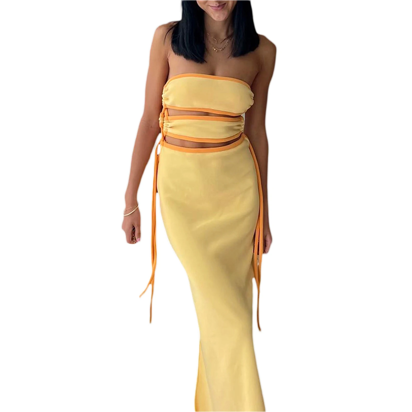 Women Bodycon Slit Dress Yellow Patchwork Sleeveless Tube Top Hollow Out Bandage Long Dress For Hot Girl
Women Bodycon Slit Dress Yellow Patchwork Sleeveless Tube Top Hollow Out Bandage Long Dress For Hot Girl