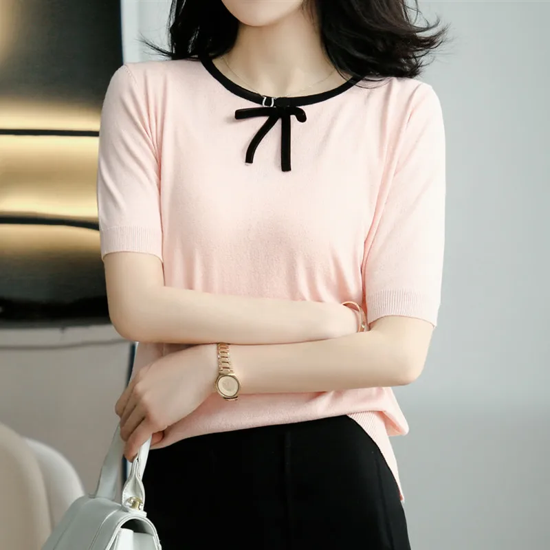 Ladies Colorblock T-shirt Summer Newround Neck Fashion Exquisite Back Button Design Unique Bow Versatile Casual
Ladies Colorblock T-shirt Summer Newround Neck Fashion Exquisite Back Button Design Unique Bow Versatile Casual