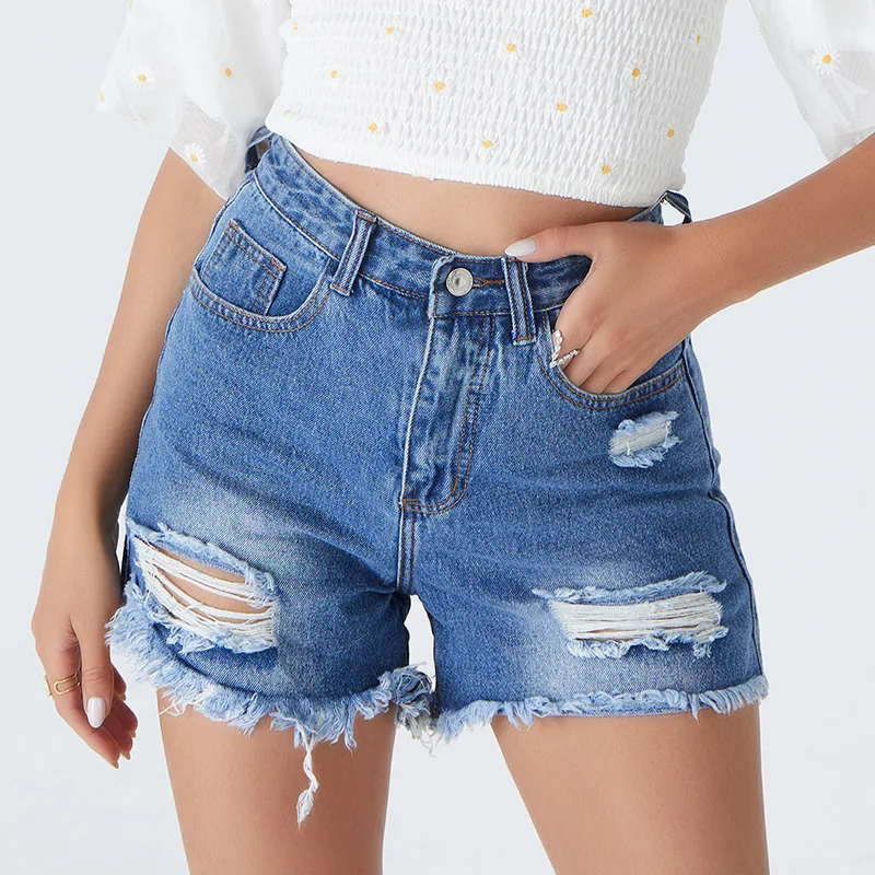 

Summer Blue Sexy Women Mid Rise Denim Shorts Frayed Raw Ripped Hot Jeans Shorts with Pockets