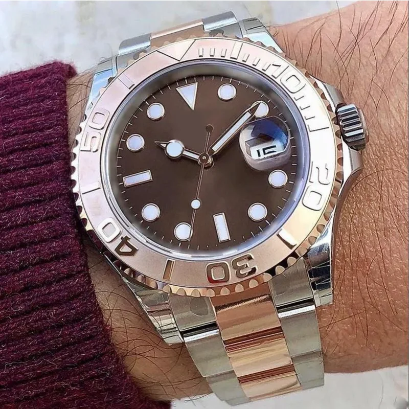 

Мужские часы с коричневым циферблатом, розовое золото, Керамическая рамка, двухцветный браслет из нержавеющей стали, часы с автоматическим механизмом