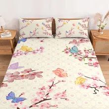 Butterfly Cherry Blossom Plum Fitted Sheet with Elastic Bands Non Slip Adjustable Mattress Covers For Single Twin King Bed