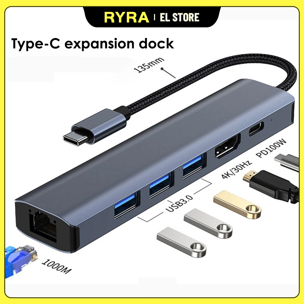 RYRA 6 IN 1 Expand Dock USB-C Station Gigabit Ethernet Rj45 USB 3.0 HDMI-compatible 4K 100W PD Hub Adapter For Laptop Phone
RYRA 6 IN 1 Expand Dock USB-C Station Gigabit Ethernet Rj45 USB 3.0 HDMI-compatible 4K 100W PD Hub Adapter For Laptop Phone