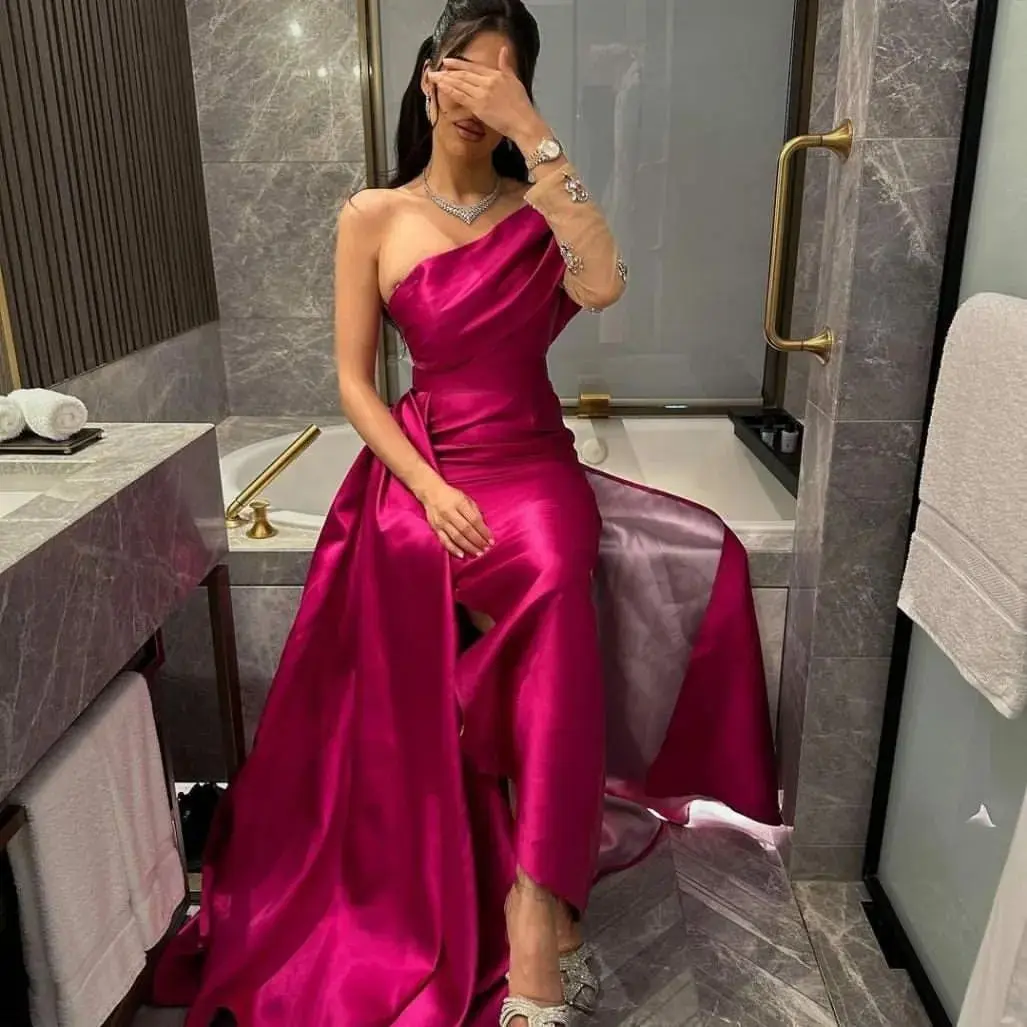 

VD Fushcia Sie Slit Prom Dresses with Overskirts One Shoulder Evening Dress Beaded Tulle Long Sleeve Pageant Party Saudi Arabia