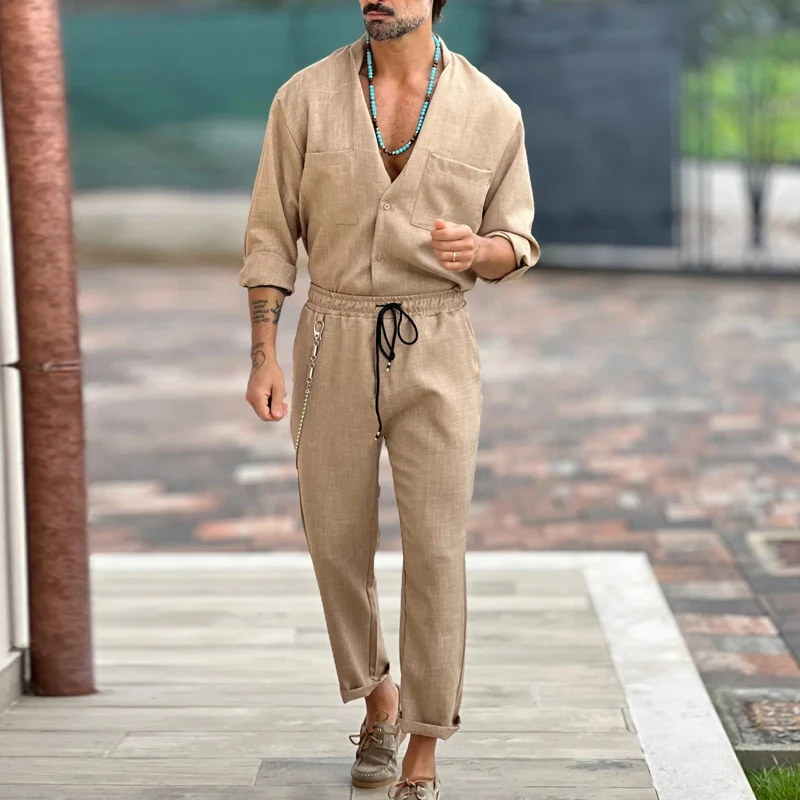 Casual Men Long Sleeve Button V-neck Shirt Top+Drawstring Long Pants Tracksuit Pockets Set Breathable Solid Cotton Linen Suits
Casual Men Long Sleeve Button V-neck Shirt Top+Drawstring Long Pants Tracksuit Pockets Set Breathable Solid Cotton Linen Suits