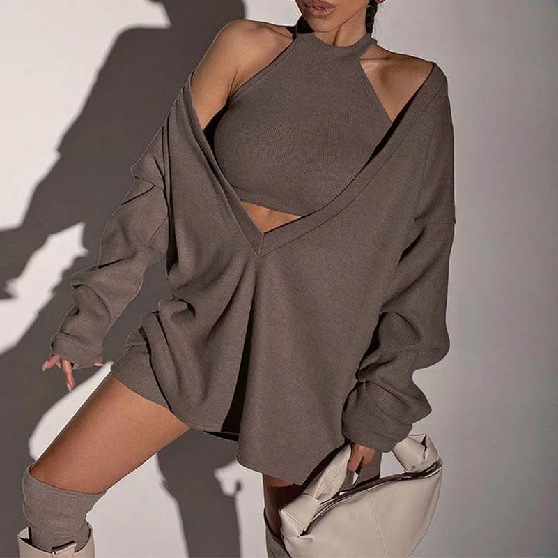 2022 New Fashion Clothing Women's Long-sleeved Sportswear Solid Color Casual Pullover Sexy Vest V-neck Loose Two-piece Women
2022 New Fashion Clothing Women's Long-sleeved Sportswear Solid Color Casual Pullover Sexy Vest V-neck Loose Two-piece Women