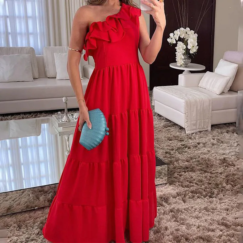Elegant Solid Color One Shoulder Long Dress New Women Diagonal Collar Ruffles A-line Dress Autumn High Waist Pleated Party Dress
Elegant Solid Color One Shoulder Long Dress New Women Diagonal Collar Ruffles A-line Dress Autumn High Waist Pleated Party Dress