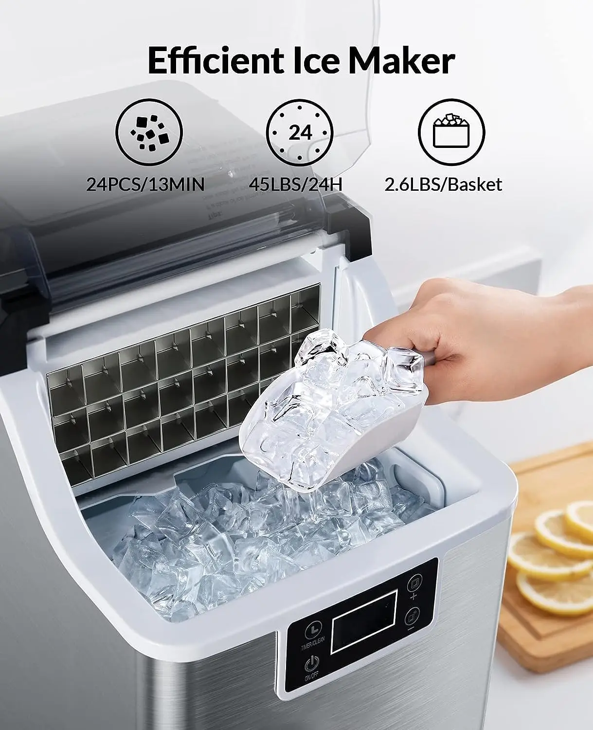 

Ice Makers Countertop - 24Pcs Ice Cubes in 13 Min, 45lbs Per Day, 2 Ways to Add Water, Auto Self-Cleaning, Stainless Steel Ice M