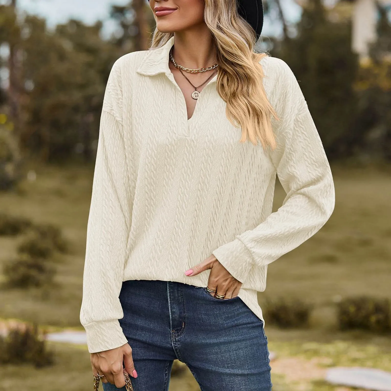 Women Twist Jacquard Lapel Shirts Solid Color Basic T-Shirts Turndown Collar Long Sleeve Loose Tops Comfy Casual Shirt Camiseta
Women Twist Jacquard Lapel Shirts Solid Color Basic T-Shirts Turndown Collar Long Sleeve Loose Tops Comfy Casual Shirt Camiseta