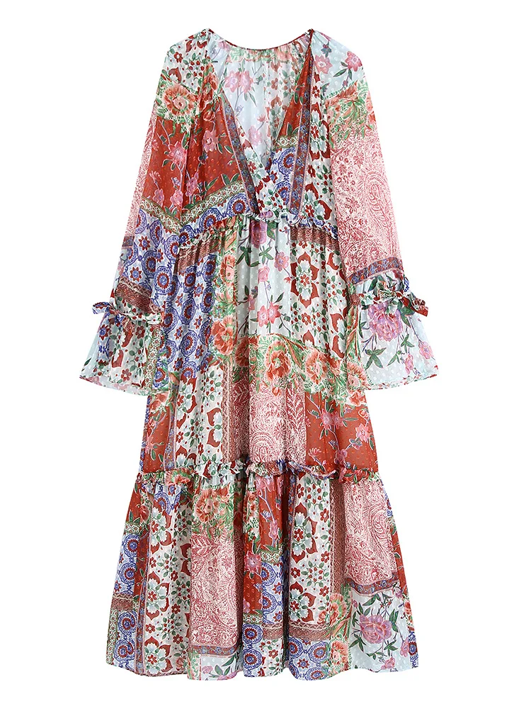Dresses For Women 2022 Elegant Vintage Floral And Print Boho Dress V Neck Long Sleeve Tie Detail Ruffle Trim Chiffon Midi Dress 
Dresses For Women 2022 Elegant Vintage Floral And Print Boho Dress V Neck Long Sleeve Tie Detail Ruffle Trim Chiffon Midi Dress
