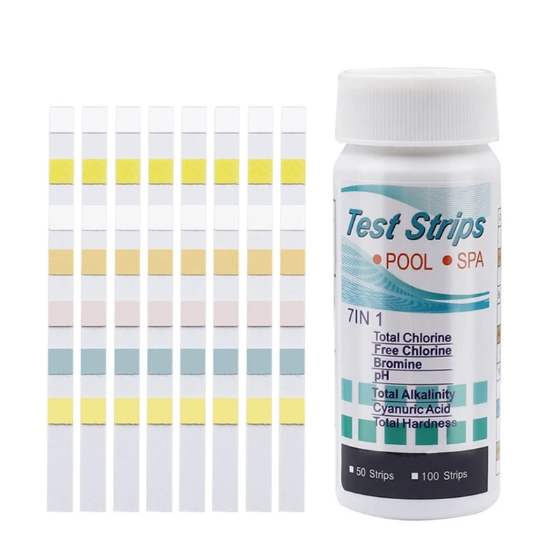 

Upgraded Pool & Spa Test Strips 7 Way Accurate Testing Strip for Pool & Hot Tub Chlorine Bromine Alkalinity pH Hardness