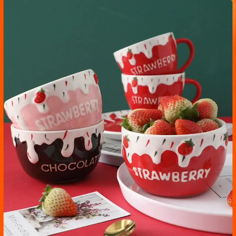 

Cute Strawberry Ceramic Bowl Fruit Salad Bowl Yogurt Dessert Bowl Ins Tableware Rice Bowl Single Oatmeal Breakfast Bowl