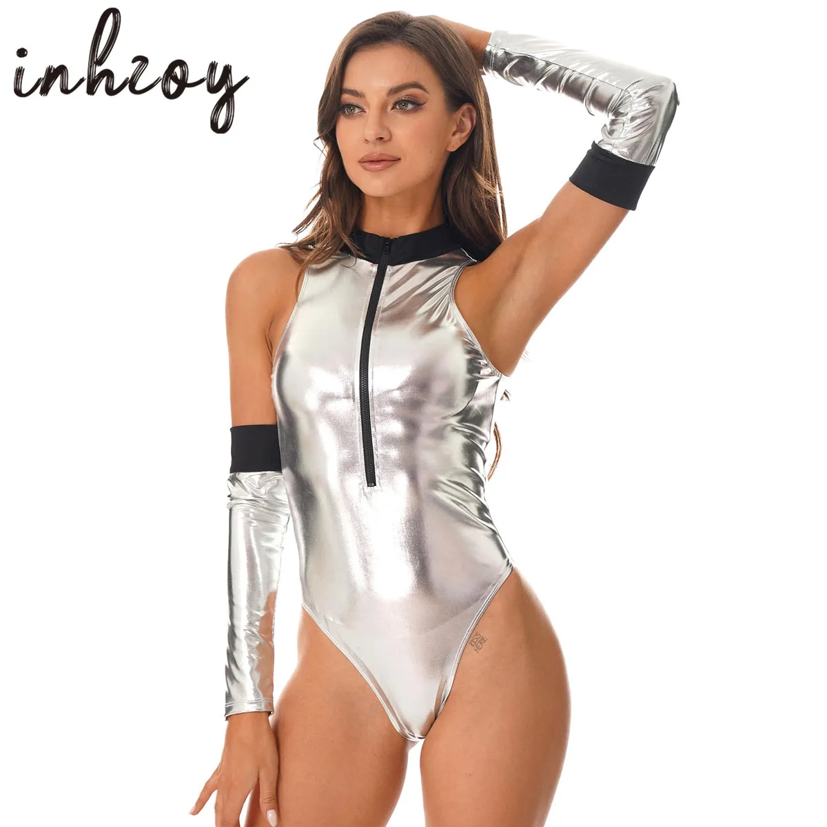 Womens Clubwear Sexy Astronaut Uniform Outfit Silver Metallic Cosplay Costume Sleeveless Bodysuit Catsuit with Oversleeve
Womens Clubwear Sexy Astronaut Uniform Outfit Silver Metallic Cosplay Costume Sleeveless Bodysuit Catsuit with Oversleeve